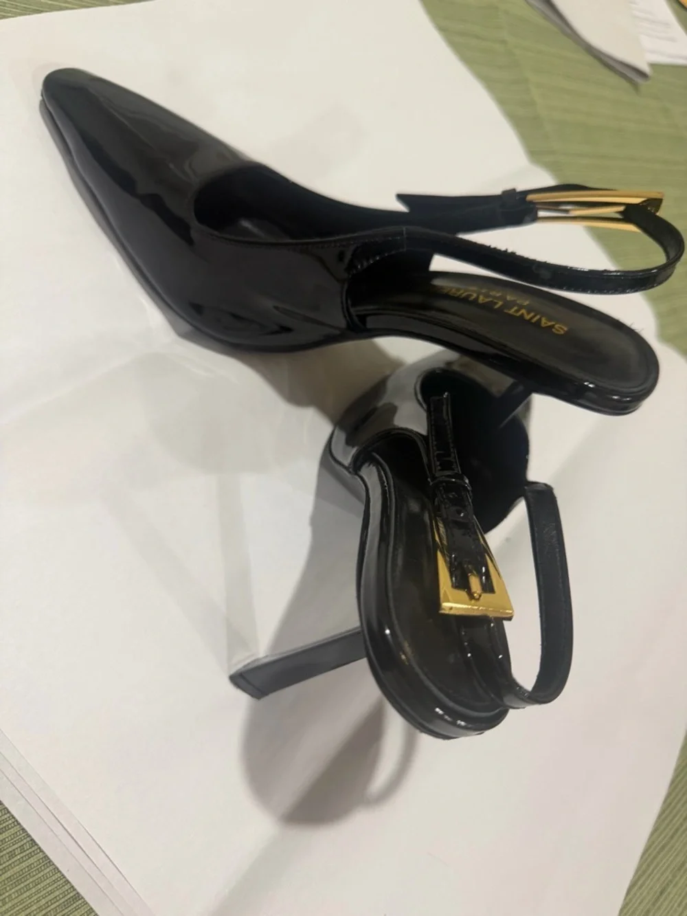 Saint Laurent Black Patent Slingback Pumps with Gold Buckle - Picture 2 of 12